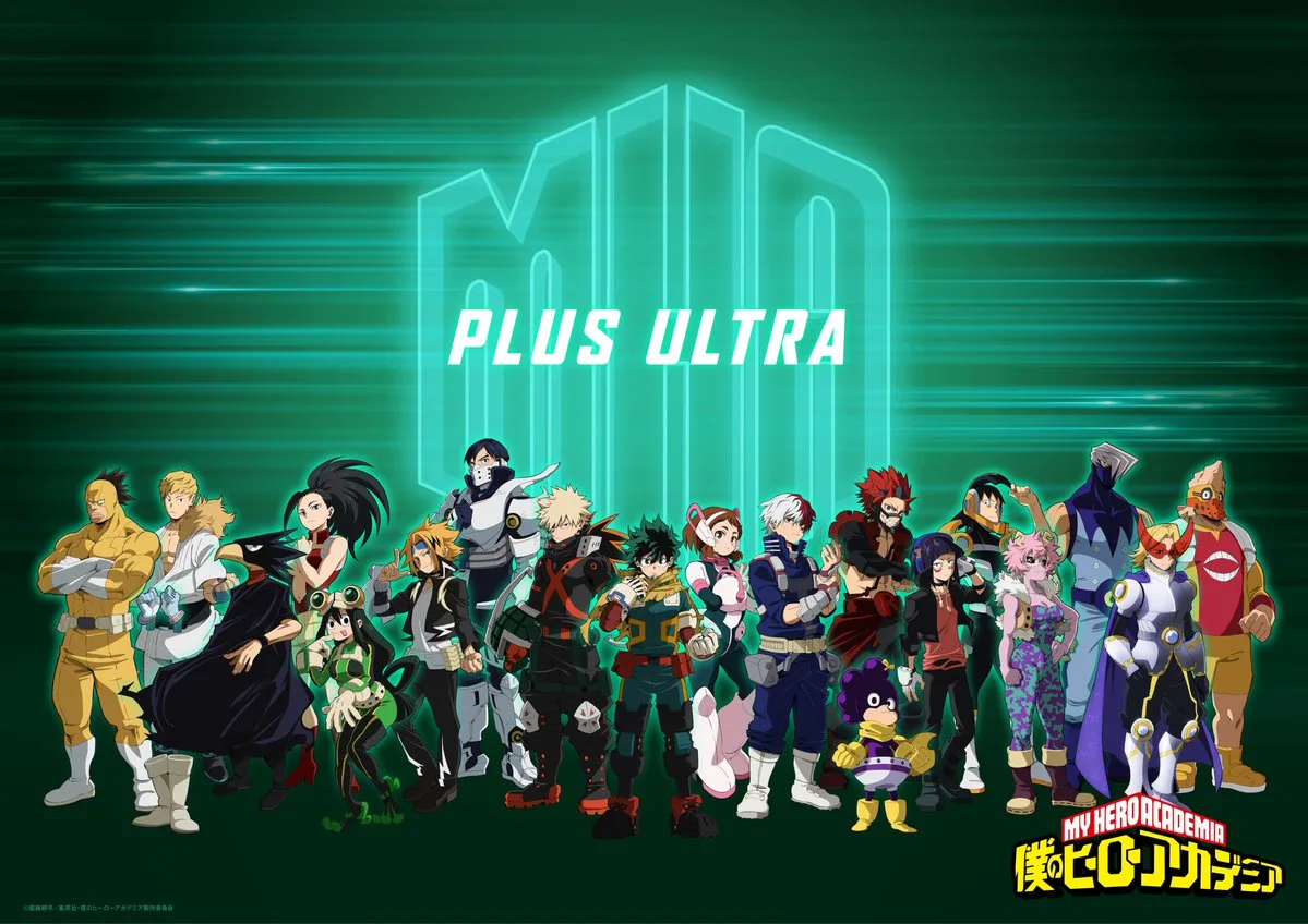 Official group art of all twenty Class 1-A students from My Hero Academia, gathered together in their hero costumes